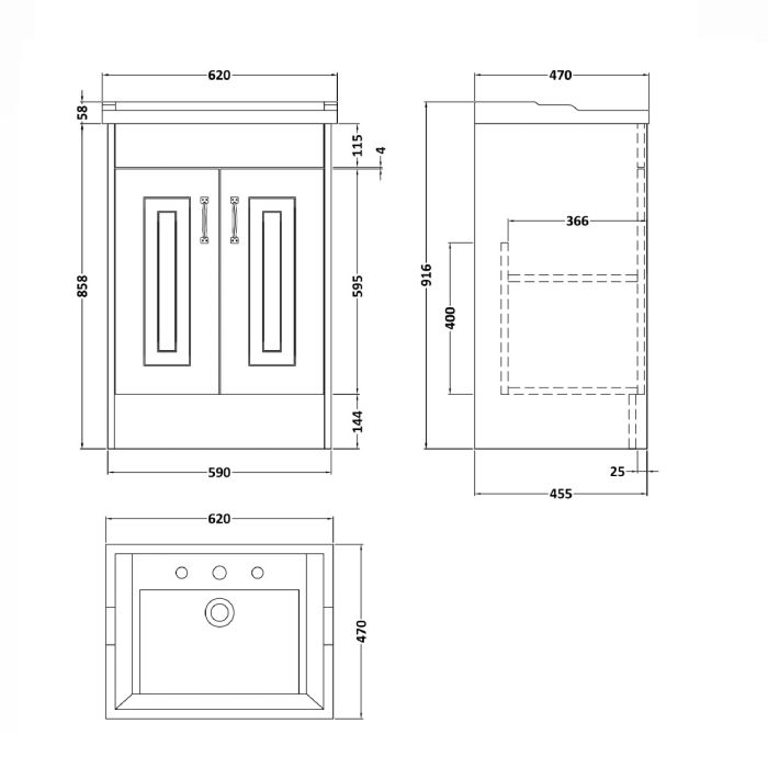 Dezine Greta 600mm Coal Floorstanding 2 Door Vanity Unit, 3 Tap Hole