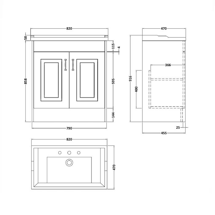 Dezine Greta 800mm Coal Floorstanding 2 Door Vanity Unit, 3 Tap Hole